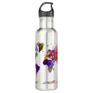 World map in watercolor purple and blue 710 ml water bottle