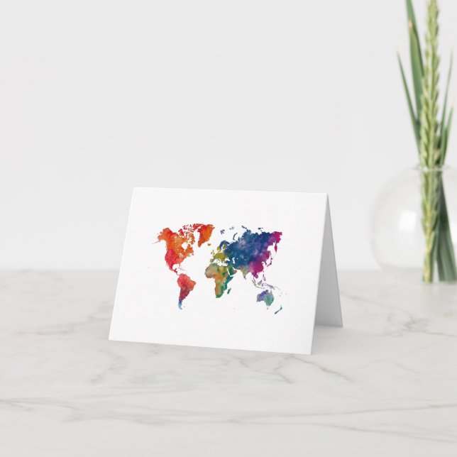 World map in watercolor thank you card (Front)