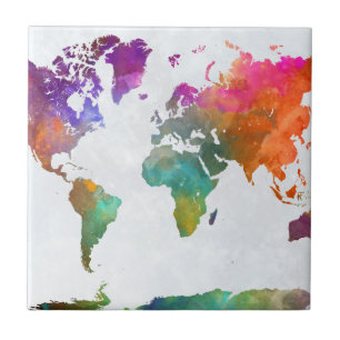 World Map In Watercolor Tile