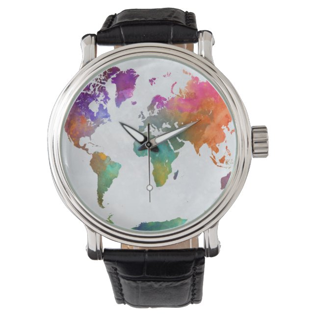World Map In Watercolor Watch (Front)