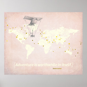 World Map, Inspirational Quote & Faux Gold Foil Poster