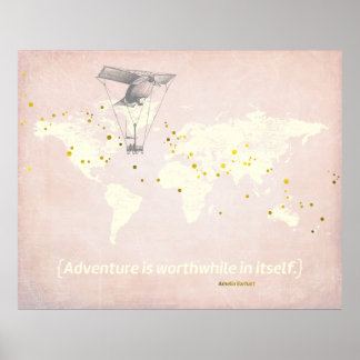 World Map, Inspirational Quote & Faux Gold Foil Poster