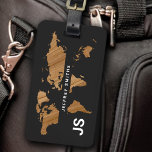 World Map International Travel Identifier Black Luggage Tag<br><div class="desc">An elegant and modern bag-tag identifier...  a nice design to identify your suitcase at the airport...  the map of the world on faux wood background,  personalised with traveller's name</div>