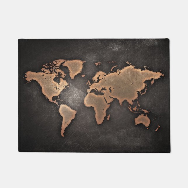 World map leather geographical brown doormat (Front)