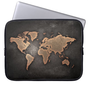 World map leather geographical brown laptop sleeve