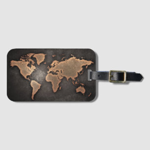 World map leather geographical brown luggage tag