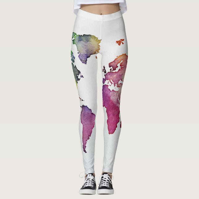 World Map Leggings White Multi-colour Watercolor (Front)