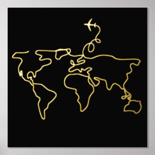 World Map Line Art Wall Travel Adventure Foil Prin Foil Prints