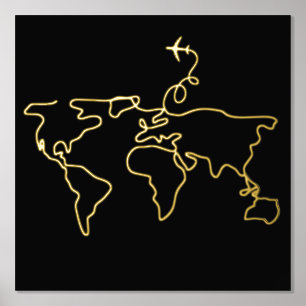 World Map Line Art Wall Travel Adventure Foil Prin Prints