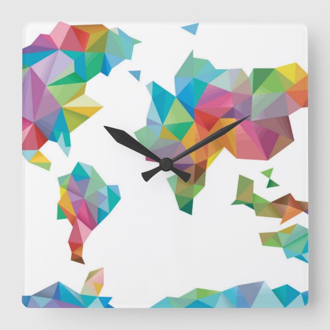 World Map Made of Geometric Shapes Square Wall Clock (Front)