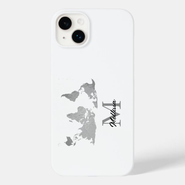 World Map Monogram Name Traveller Custom Grey Whit Case-Mate iPhone Case (Back)