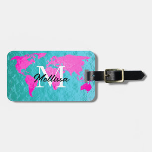 World Map Monogram Teal Blue Pink Gold Foil Cool Luggage Tag