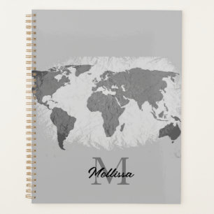 World Map Monogram Traveller Name Black White Grey Planner