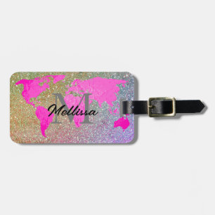 World Map Monogram Traveller Pink Gold Glitter Coo Luggage Tag