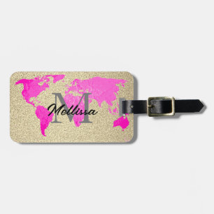 World Map Monograms Traveller Pink Gold Glitter Luggage Tag