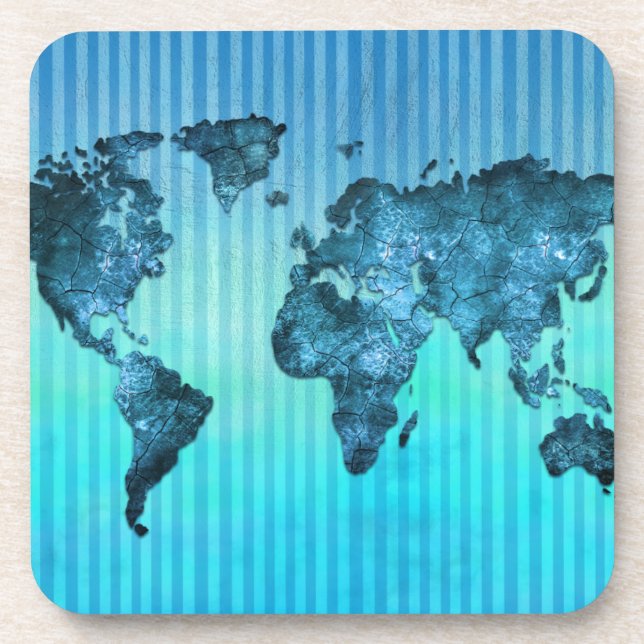 World Map | Neon Blue Stripes Coaster (Front)