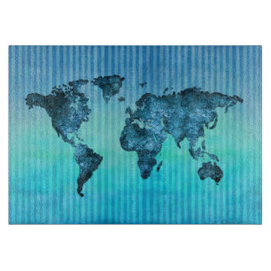 World Map Neon Blue Stripes Cutting Board