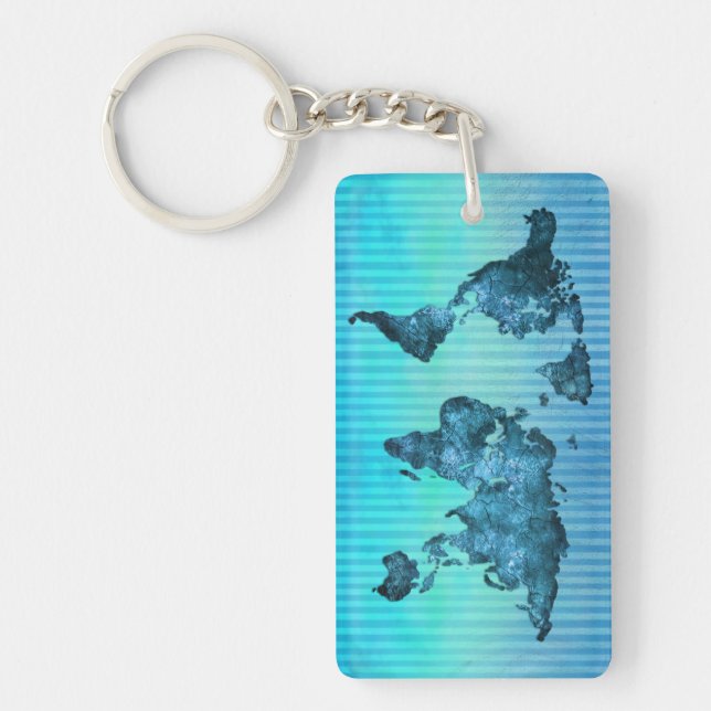 World Map | Neon Blue Stripes Key Ring (Front)