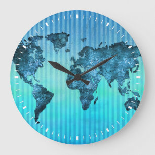 World Map   Neon Blue Stripes Large Clock