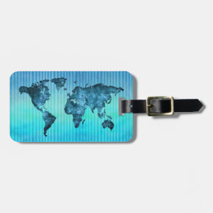 World Map   Neon Blue Stripes Luggage Tag