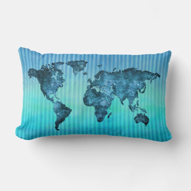 World Map | Neon Blue Stripes Lumbar Cushion (Front)