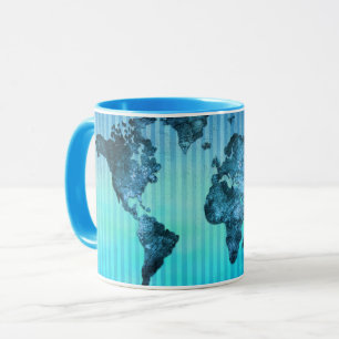 World Map   Neon Blue Stripes Mug