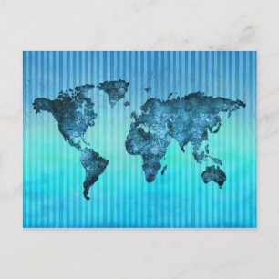 World Map   Neon Blue Stripes Postcard