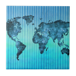 World Map   Neon Blue Stripes Tile