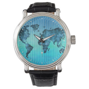 World Map   Neon Blue Stripes Watch