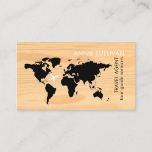 World Map on faux wood, Travel Agent Business Card