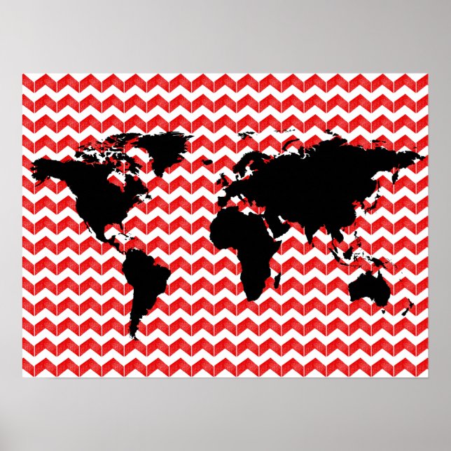 world map on red chevron pattern poster (Front)