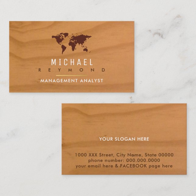 world map on rustic wood . elegant business card (Front/Back)