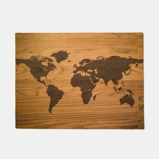 World Map on Wood Grain Doormat (Front)