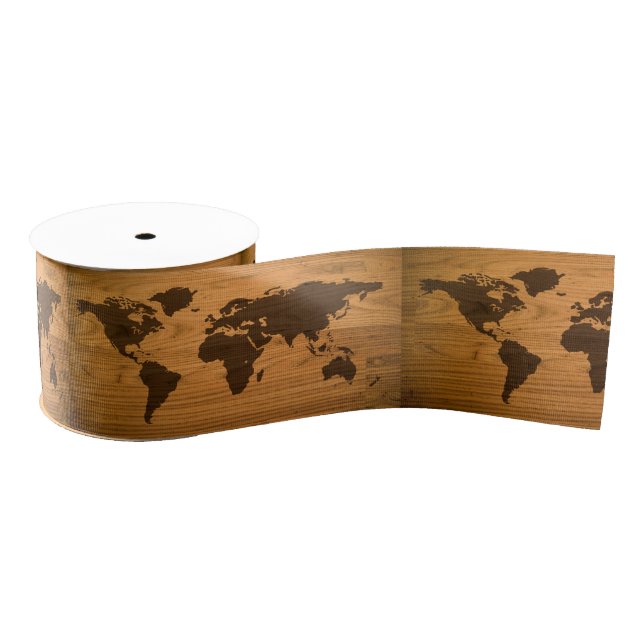 World Map on Wood Grain Grosgrain Ribbon (Spool)
