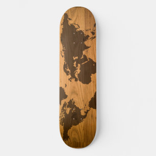World Map on Wood Grain Skateboard