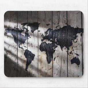 World map on wood texture mouse mat