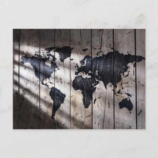 World map on wood texture postcard (Front)