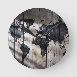 World map on wood texture round clock