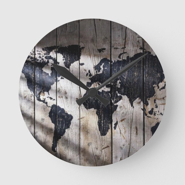 World map on wood texture round clock (Front)