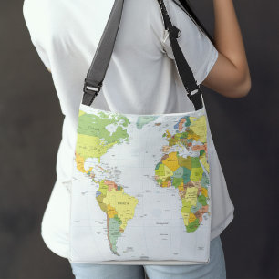 World Map Political Atlas Poster: Modern Decor Crossbody Bag