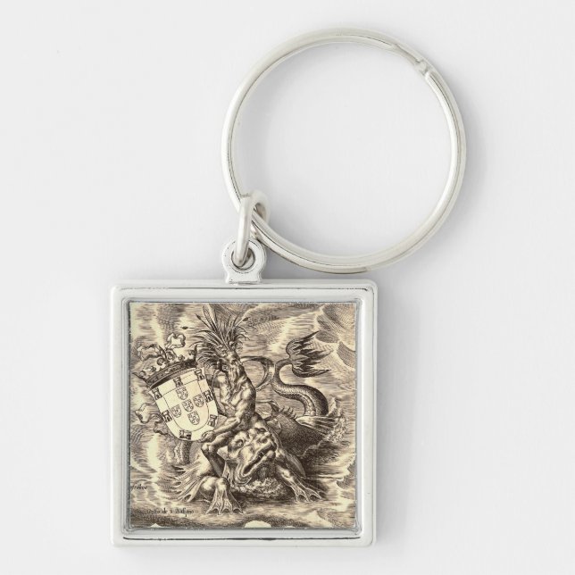 World Map Poseidon Riding Dolphin Key Ring (Front)