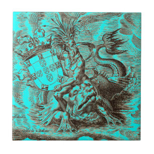 World Map Poseidon Riding Dolphin Tile
