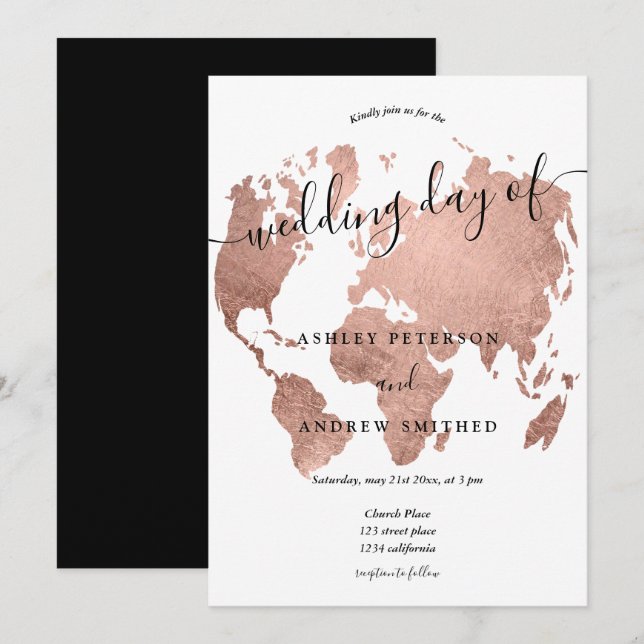 World map rose gold foil chic script wedding invitation (Front/Back)