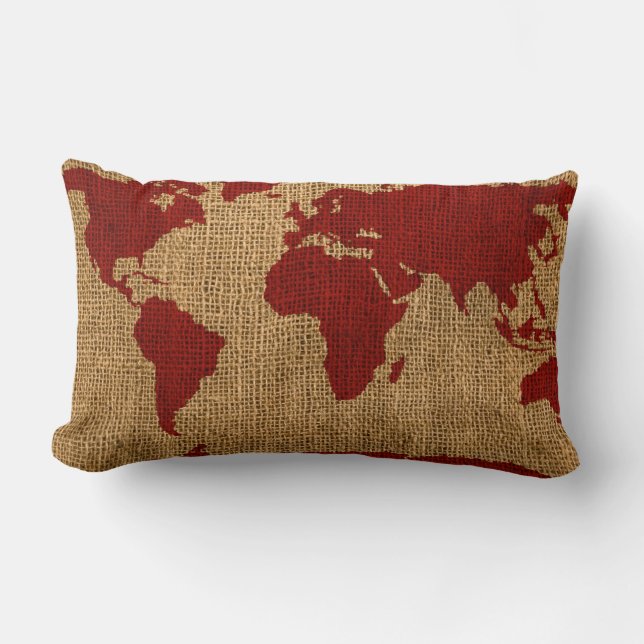 World Map Rustic Red Lumbar Cushion (Front)