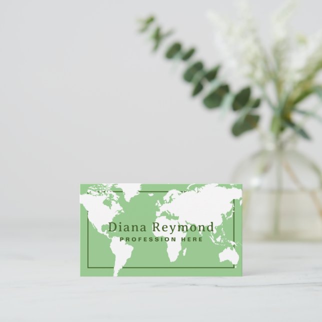 World Map Sage Green Elegant Business Card (Standing Front)