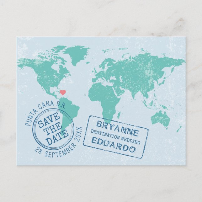 World Map Save the Date Postcard EDITABLE COLORS (Front)