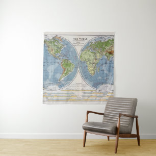 World Map showing Heights of Land depth of Sea Tapestry