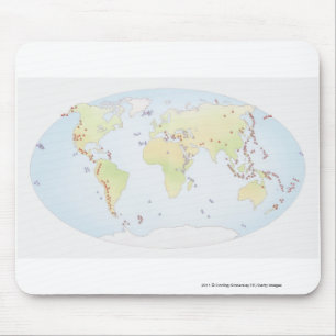 World map showing sites of volcanic activity mouse mat