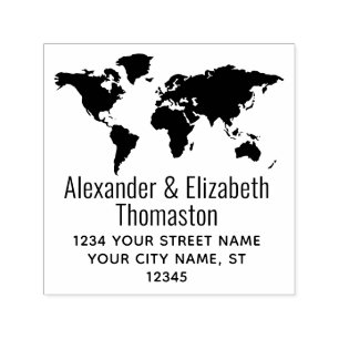 World Map Silhouette Couple Name Return Address  Self-inking Stamp