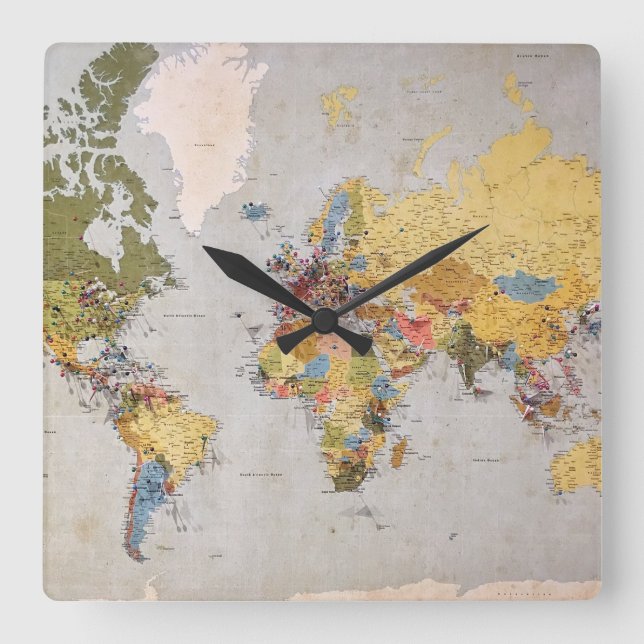 world map square wall clock (Front)
